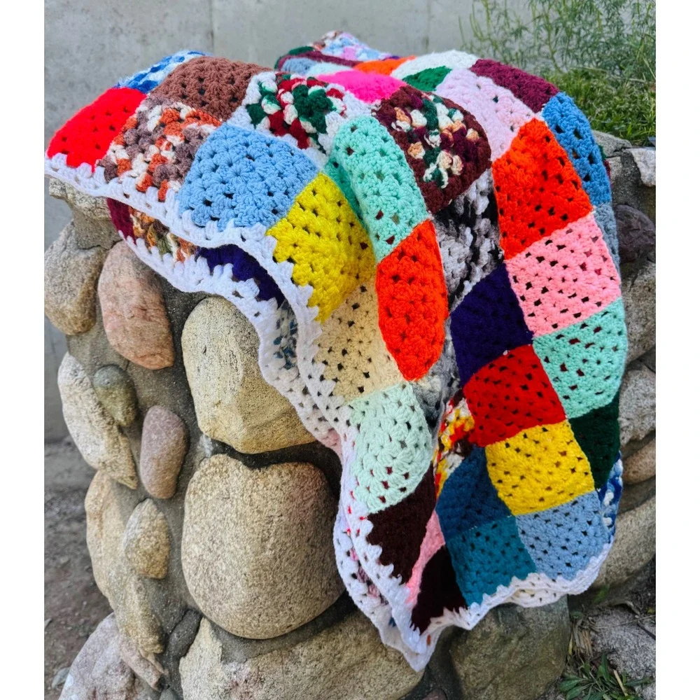 Vintage Handmade Crochet Granny Square Afghan Blanket Multi Color Throw 55x52